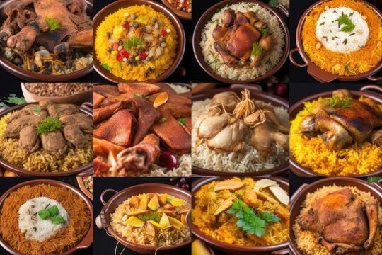 Collage from different pictures of Arabic traditional food bowls Kabsa with meat. Generative AI