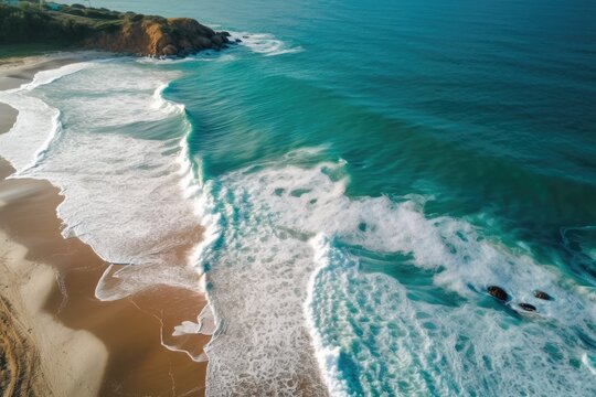A relaxing aerial beach scene serves as the banner for the summer holiday. Amazingly blue ocean waves, the seashore, and the coastline. superb top view from an aerial drone. calm beach, seaside, brigh