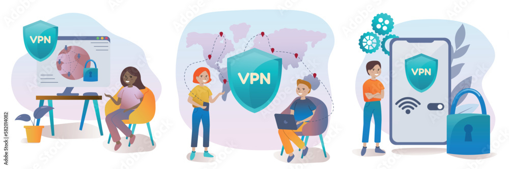 Poster cybersecurity and virtual private network set. people using vpn for computer, smartphone with vpn si
