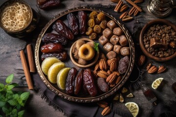 Dates, nuts, and sweets arranged in the shape of an Islamic crescent moon and star during Ramadan kareem. Food for Iftar and a festive table. Generative AI