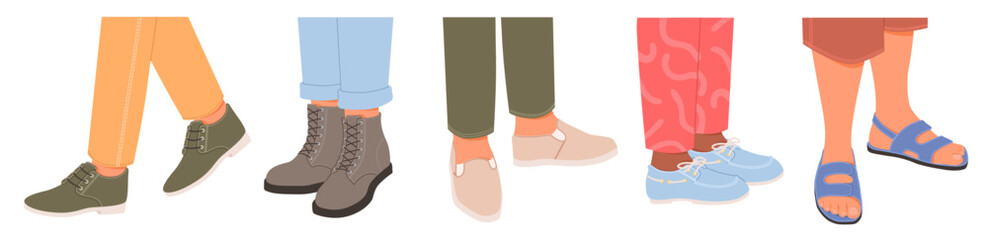 Male feet wearing different shoes vector illustration - obrazy, fototapety, plakaty
