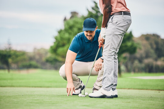 Teaching, golf lesson and sports coach help man with swing, putter and stroke outdoor. Golfing, green course and club support of a golfer athlete ready for exercise, fitness and training for a game.