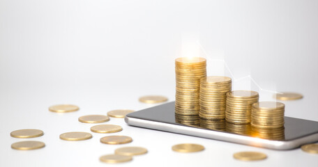 Stock funding or money saving graph with coins. Background for business ideas and design. Chart for financial investment concept. Shopping online on social media.