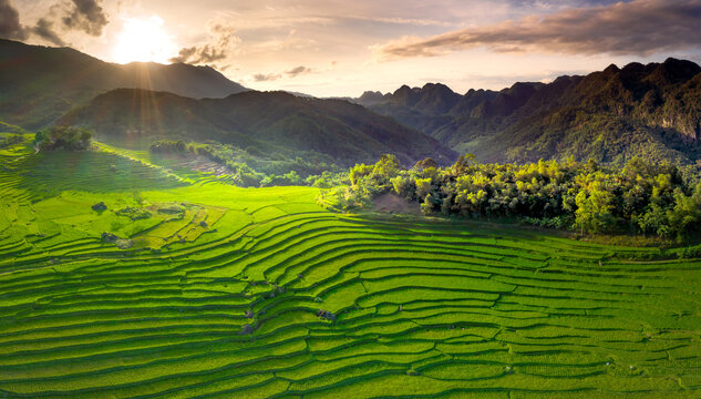 Panoramic view of beautiful green terraces of Pu Luong commune, Thanh Hoa province, Vietnam