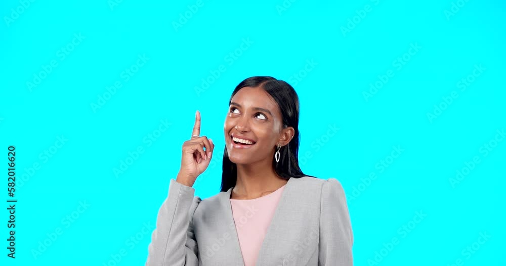 Sticker Mock up, studio and happy woman point at business sales promo, present gift or discount deal mockup. Portrait, advertising space and marketing product placement for person isolated on blue background