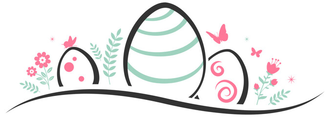 Painted easter eggs with butterflies and spring flowers. Line Art vector design banner - 582016670