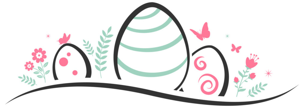 Painted easter eggs with butterflies and spring flowers. Line Art vector design banner