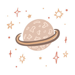 Cute cartoon planet with stars. Scandinavian nursery print design for greeting cards, posters and prints on t-shirts.