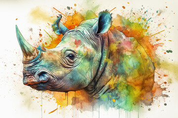 Watercolor rhinoceros head close-up created with Generative AI technology.