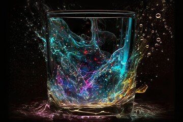 As water is poured into a glass, a dazzling light trail is created, highlighting the movement and adding to the surreal effect of a stunning nebula in the background.