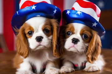 Two adorable Cavalier King Charles Spaniel puppies wearing a forth of July hat. - generative AI 