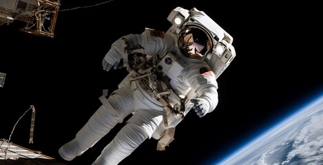 Astronaut doing a spacewalk outside the spacestation in orbit of the earth Generative AI