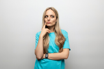 woman showing doubt and uncertainty on white background