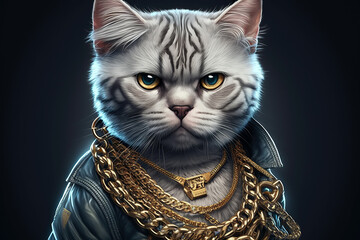 successful rapper boss with cat head in gangsta style with gold chains. Thug life character. Generative AI illustration - obrazy, fototapety, plakaty