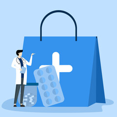 Various medical services. Doctor character buying medicine at pharmacy, paying for health services. Treatment concept. Flat cartoon vector icons and illustrations.