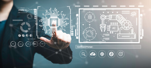 Chatbot Chat AI concept, Artificial Intelligence. Businessman using technology smart AI robot, enter command prompt, analyze data for business, Automate chatbot, Futuristic technology transformation.