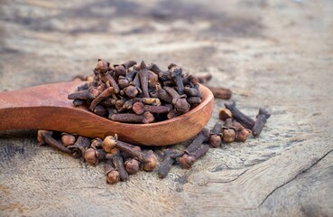 Dry Cloves in a Wooden Spoon Isolated on Wooden Background with Copy Space