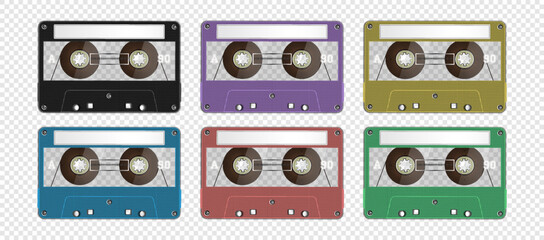 Vector set of symmetrical colored vintage magnetic tape cassettes with blank labels on a transparent background.