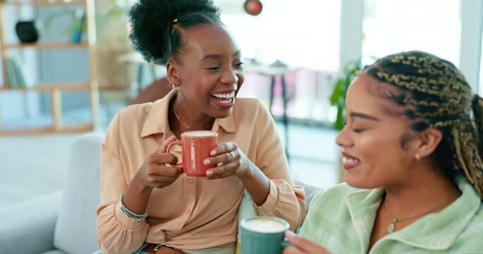 Coffee, cheers and friends on a sofa talking, bond and sharing conversation in their home together, happy and content. Tea, toasting and women gossip on a couch in a living room, chilling and excited