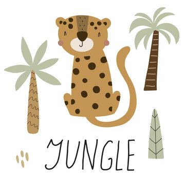 Vector illustration with cute jaguar surrounded by tropical plants and jungle inscription for your design