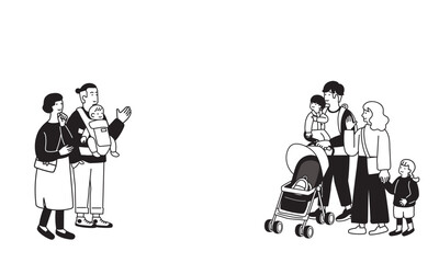 子供連れの夫婦のシンプルなイラスト
