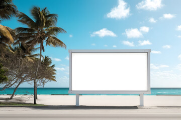 Empty white billboard mockup near tropical beach