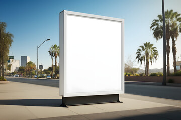 Empty white display sign billboard mockup in urban location with palm trees