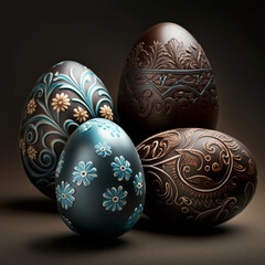 Painted easter eggs with ornaments, chocolate eegs, still life.