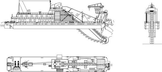 Vector illustration sketch of industrial oil prospector mine ship