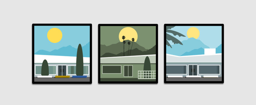 Set of retro mid-century modern landscapes with architecture 