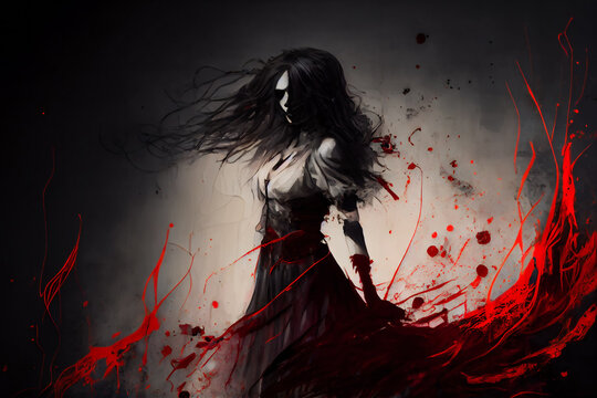 A bloody demoness.  Scary zombie. Halloween monster.  Ghost woman.  Generative AI.