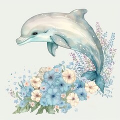 Cute Baby Dolphin Floral, Spring Flowers, illustration ,clipart, isolated on white background