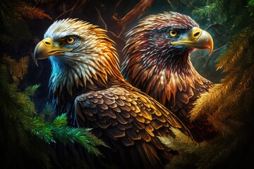 Design of two colorful Bald Eagle bird in the Jungle. Ultra realistic. High resolution.