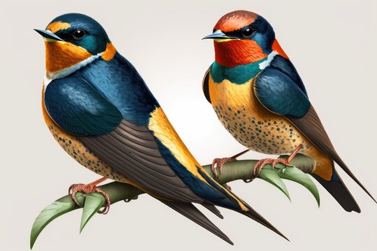 Design of two colorful Barn Swallow bird in the Jungle. Ultra realistic. High resolution.