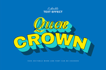 Queen Crown Text in Yellow and Blue Retro Style with 3D Effect