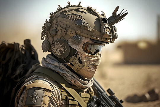 a face of a soldier, wearing a helmet