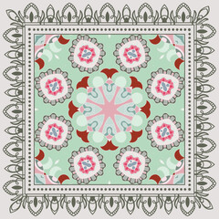 Decorative doodle ornament, symmetric pattern with lace frame. Tribal ethnic mandala decor. Bandana shawl, hijab, tablecloth fabric print, silk neck scarf, kerchief design. Colorful vector background