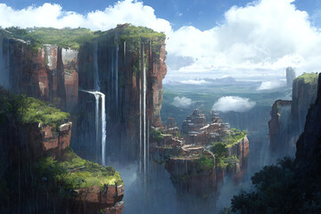 Journey at Wild Nature. Clear Sunny day, Sky with Movie Atmosphere and Wonderful Cloud, Beautiful Colorful Landscape, Anime Comic Style Art. For Poster, Novel, UI, WEB, Game, Design