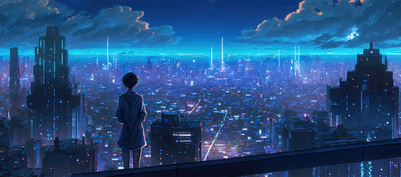 City Night Scenery. Clear Sunny day, Sky with Movie Atmosphere and Wonderful Cloud, Beautiful Colorful Landscape, Anime Comic Style Art. For Poster, Novel, UI, WEB, Game, Design