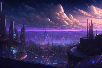 City Night Scenery. Clear Sunny day, Sky with Movie Atmosphere and Wonderful Cloud, Beautiful Colorful Landscape, Anime Comic Style Art. For Poster, Novel, UI, WEB, Game, Design