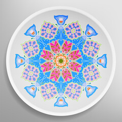 Decorative plate with round ornament in ethnic style. Mandala circular abstract geometric floral pattern. Fashion background with ornate dish. Interior home decor, vector illustration