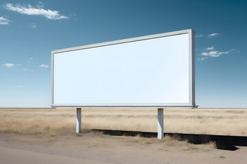 Empty white billboard display sign mockup in the midwest, blue sky prairie landscape, for advertising, marketing