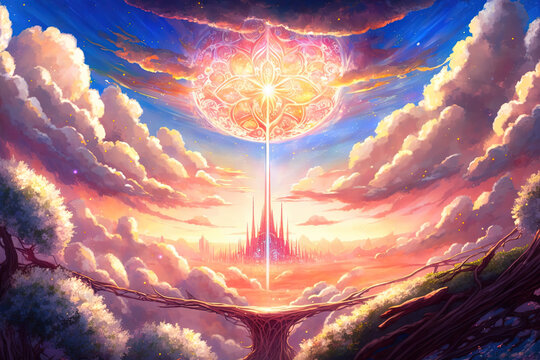 Journey at Fantasy Nature. Clear Sunny day, Sky with Movie Atmosphere and Wonderful Cloud, Beautiful Colorful Landscape, Anime Comic Style Art. For Poster, Novel, UI, WEB, Game, Design