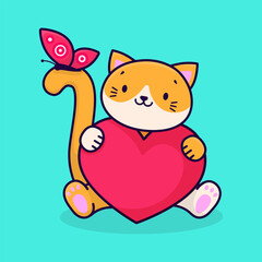 A cute cartoon ginger cat holds a pink heart in its paws. Cat and butterfly. Vector illustration