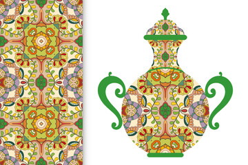Hand drawn pitcher, vase with ornament and vertical seamless pattern. Decorative doodle texture, isolated elements for textile fabric, paper print, invitation or card design