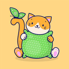 A cute cartoon ginger cat holds a green pillow in its paws. Cat and butterfly. Vector illustration