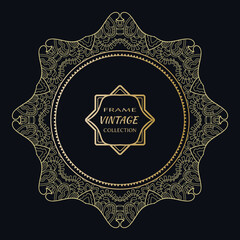 Golden frame template with label and Vintage sign. Decorative line art border, geometric round ornament, linear circular motif. Isolated design element, gold on black background. Elegant fashion lace