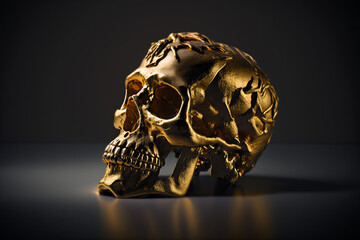 Fototapeta premium Gold skull isolated in black created with a generative ai technology