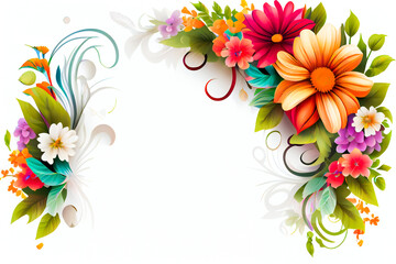 Elegant Floral Border.  Various colorful flowers on white background.  Generative AI.
