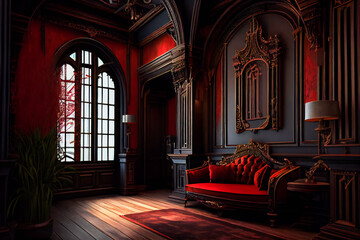 Elegant Gothic Exclusive Room with Red and Black Color Scheme and Beautiful Woodwork. Generative AI